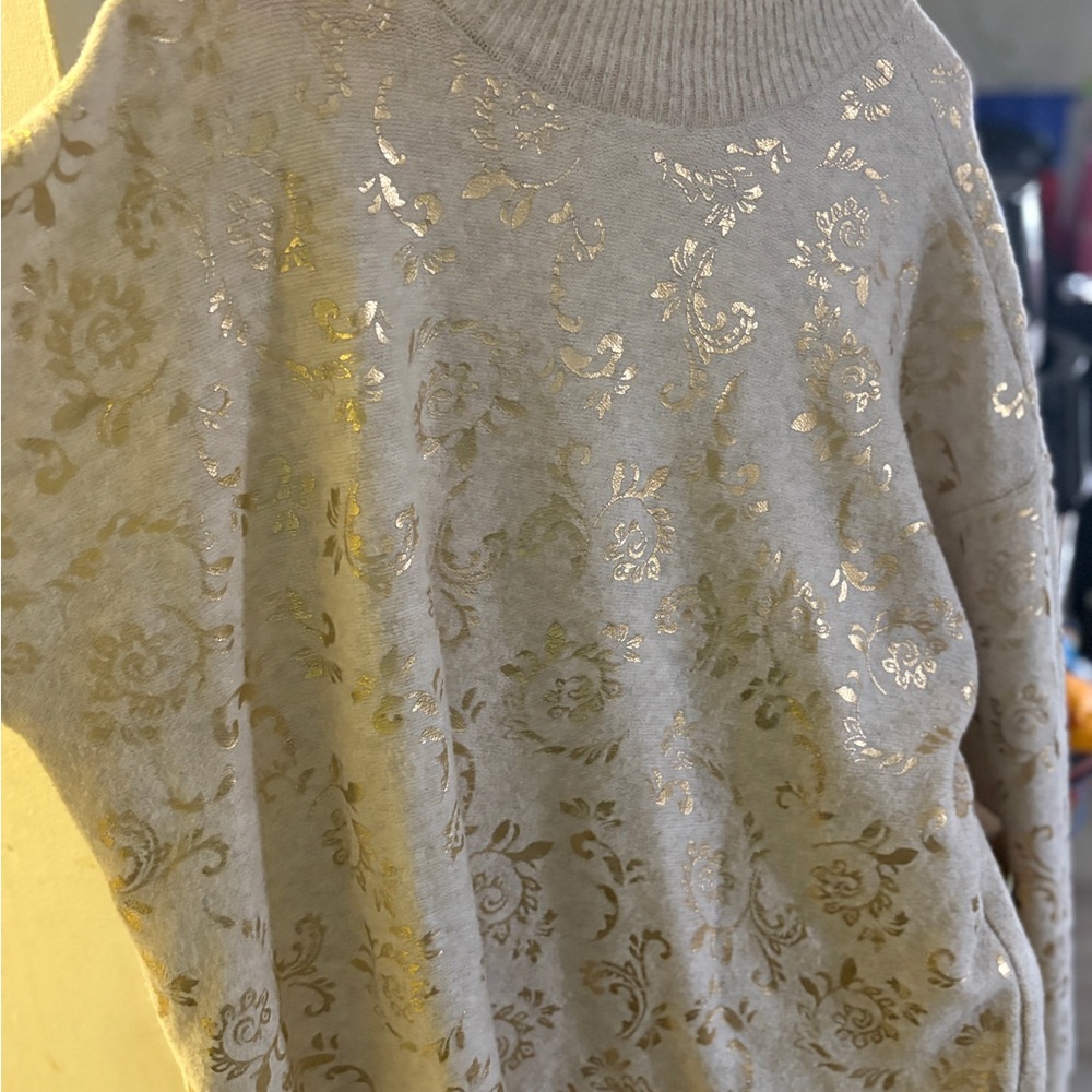 Liz Claiborne Cream Crewneck Sweater with Gold Floral Foil